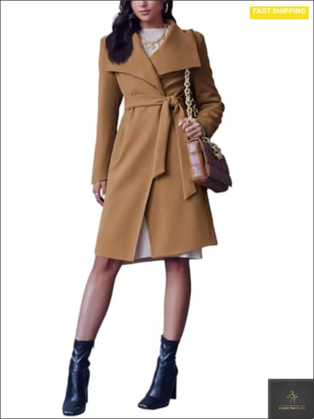 Long Sleeve Wool Pea Coat Open Front Belted Long Trench_4